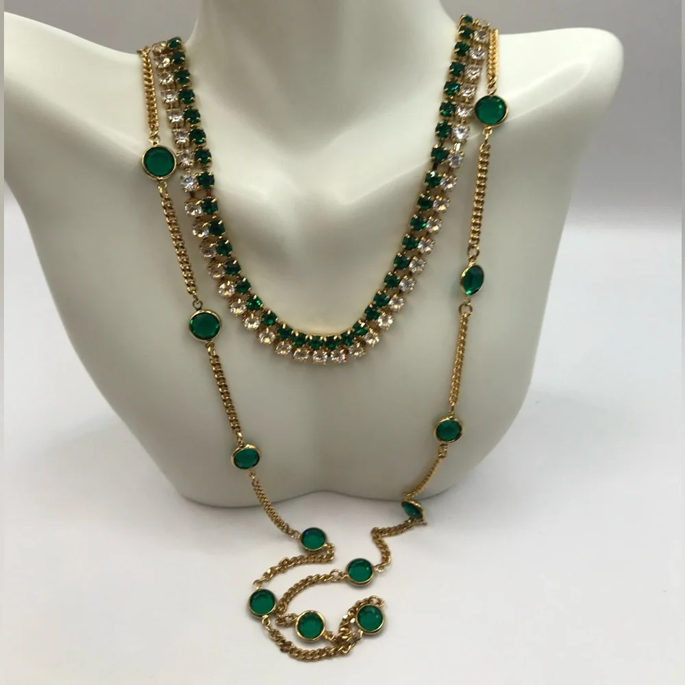 Vintage Monet Green & Clear Rhinestone Necklace +1 - Picture 3 of 7